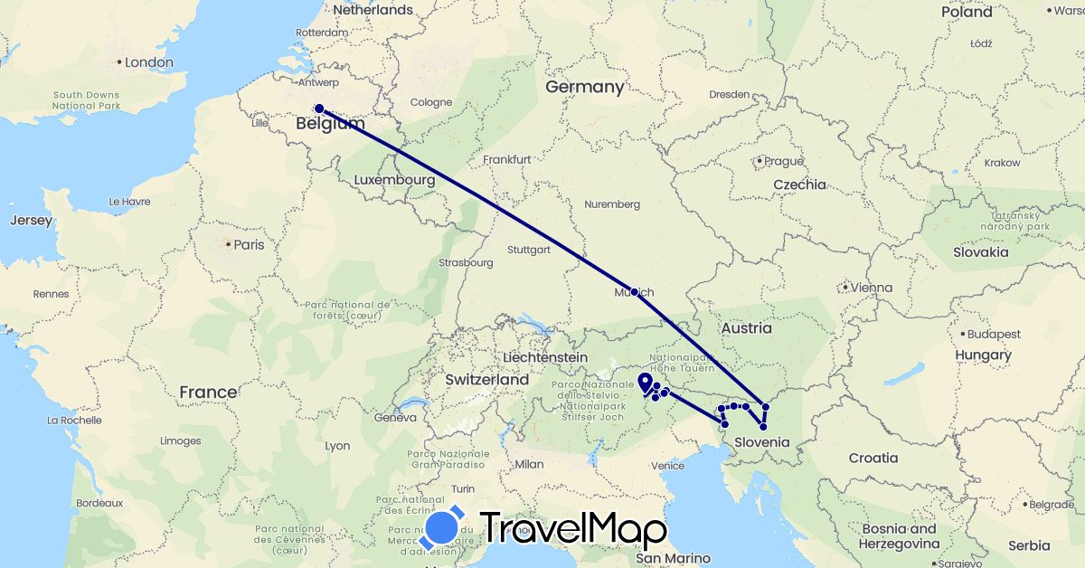 TravelMap itinerary: driving in Belgium, Germany, Italy, Slovenia (Europe)
